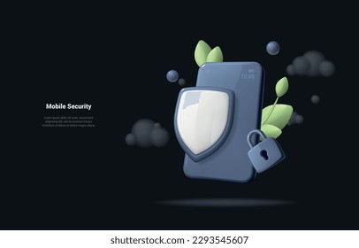 Phone security concept. Realistic 3d illustration of a mobile phone and security shield against hacking. The concept of protection of personal data. Landing page on dark background. Cartoon 3d style.