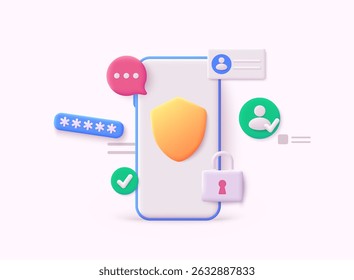 Telefone com segurança. Interface de senha para efetuar login,. Atualizar conceito de dados pessoais. Obtendo um novo nome de usuário e senha para uma conta. Ilustrações de vetor da Web 3D.