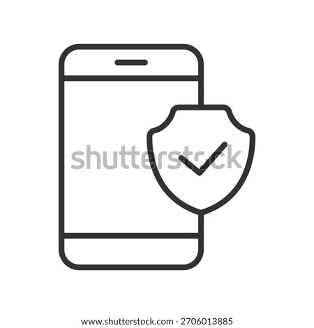Phone security shield smartphone icon in line design. phone security, shield protection, mobile privacy, smartphone safeguard, security check, safe device, digital protection, secure access on white
