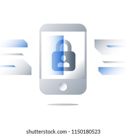 Phone security technology, lock symbol on screen, personal device access, unlock smartphone, screen scanning, padlock vector icon, flat illustration