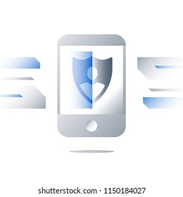 Phone security technology, shield symbol on screen, personal device access, unlock smartphone, screen scanning, vector icon, flat illustration