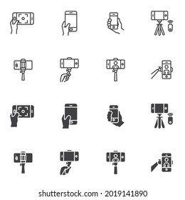 Phone selfie icon set, line and glyph version, outline and filled vector sign. linear and full pictogram. Symbol, logo illustration. Set includes icons as smartphone selfie stick, front camera, tripod