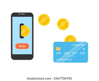 Handy mit Button senden überträgt Goldmünzen auf Kreditkarte flache Vektorillustration isoliert auf weißem Hintergrund