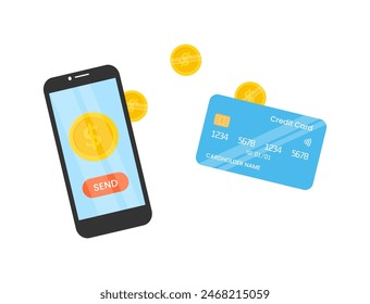 Teléfono con enviar Botón transfiere monedas de oro a la tarjeta de crédito Ilustración vectorial plana aislado sobre fondo blanco