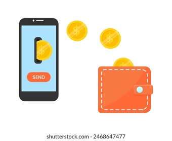 Teléfono con enviar Botón transfiere monedas de oro a la cartera Ilustración vectorial plana aislada sobre fondo blanco