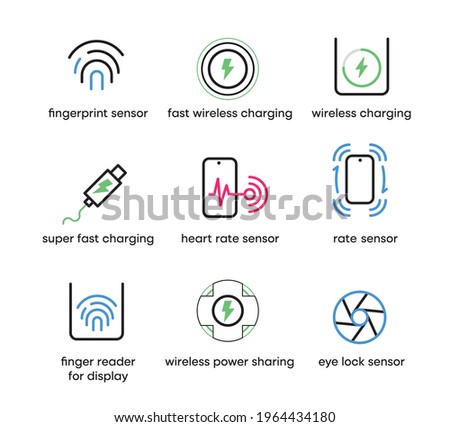 Phone sensors and fast charging and wireless charging icon set. This icon is the icon set of smart devices. Colorful charging and sensor icon set. Editable Stroke. Logo, web and app.