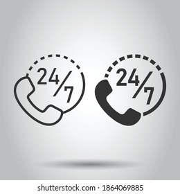 Phone service 24 7 icon in flat style. Telephone talk vector illustration on white isolated background. Hotline contact business concept.