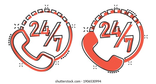 Phone service 24 7 icon in comic style. Telephone talk cartoon vector illustration on white isolated background. Hotline contact splash effect business concept.