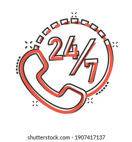 Phone service 24 7 icon in comic style. Telephone talk cartoon vector illustration on white isolated background. Hotline contact splash effect business concept.