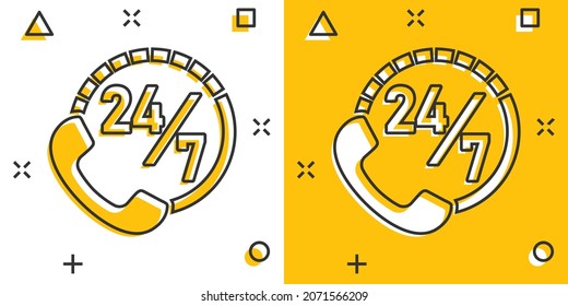 Phone service 24 7 icon in comic style. Telephone talk cartoon vector illustration on white isolated background. Hotline contact splash effect business concept.