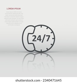 Phone service 24 7 icon in flat style. Telephone talk vector illustration on white isolated background. Hotline contact business concept.