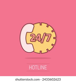 Phone service 24 7 icon in comic style. Telephone talk cartoon vector illustration on isolated background. Hotline contact splash effect business concept.