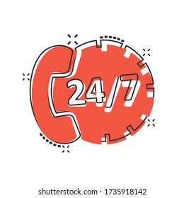 Phone service 24/7 icon in comic style. Telephone talk cartoon vector illustration on white isolated background. Hotline contact splash effect business concept.