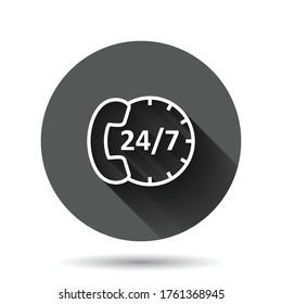 Phone service 24/7 icon in flat style. Telephone talk vector illustration on black round background with long shadow effect. Hotline contact circle button business concept.
