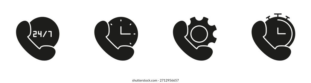 Phone Service Icons Solid Icon Set. Customer Support, 24-7 Availability, Technical Assistance, And Time Management Silhouette Symbol. Communication And Efficiency. Isolated Vector Illustration.