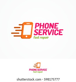 Phone service logo set with silhouette phone and sign fast repair flat color style can use for mobile shop, fix. Perfect for your business design. Vector Illustration