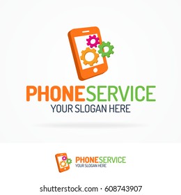 Phone service logo set with silhouette phone and gears color style. Vector Illustration