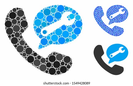 Phone service message composition of round dots in different sizes and color hues, based on phone service message icon. Vector round dots are composed into blue illustration.