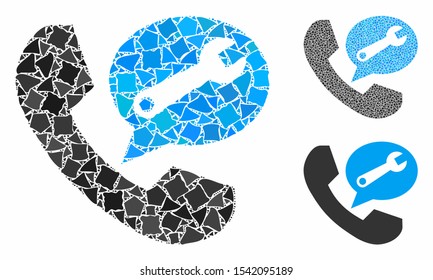 Phone service message mosaic of humpy parts in different sizes and color tones, based on phone service message icon. Vector tremulant parts are organized into collage.