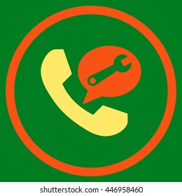 Phone Service Message vector bicolor icon. Image style is a flat icon symbol inside a circle, orange and yellow colors, green background.