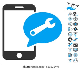 Phone Service SMS icon with bonus aircopter tools design elements. Vector illustration style is flat iconic blue and gray symbols on white background.