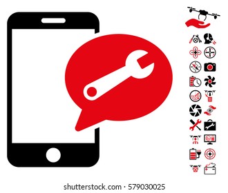 Phone Service SMS icon with bonus flying drone tools images. Vector illustration style is flat iconic intensive red and black symbols on white background.
