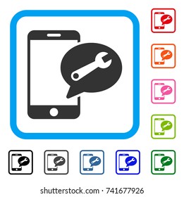 Phone Service SMS icon. Flat grey iconic symbol in a light blue rounded squared frame. Black, gray, green, blue, red, orange color versions of Phone Service SMS vector. Designed for web and app UI.