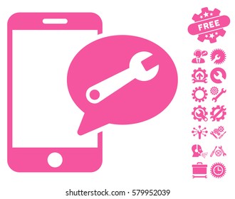 Phone Service SMS pictograph with bonus service symbols. Vector illustration style is flat iconic pink symbols on white background.