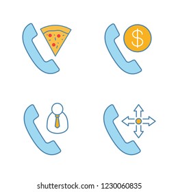 Phone services color icons set. Pizza delivery, customer service, phone charges. Isolated vector illustrations