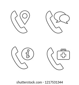 Phone services linear icons set. Call tracking, conversation, infocenter, doctor appointment. Thin line contour symbols. Isolated vector outline illustrations. Editable stroke