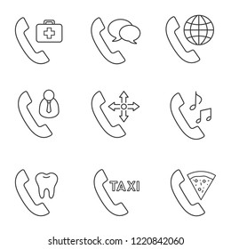 Phone services linear icons set. Doctor appointment, phone talk, roaming, customer service, delivery, ringtone, dentistry, taxi, pizza delivery. Isolated vector outline illustrations. Editable stroke