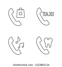Phone services linear icons set. Shopping, taxi ordering, ringtone, dentist appointment. Thin line contour symbols. Isolated vector outline illustrations. Editable stroke
