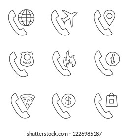Phone services linear icons set. Calls abroad, roaming, phone tracking, call the police, hotline, infocenter, pizza delivery, tariff, shopping. Isolated vector outline illustrations. Editable stroke
