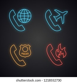 Phone services neon light icons set. Roaming, calls abroad, hotline support, call the police. Glowing signs. Vector isolated illustrations