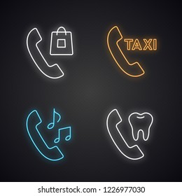 Phone services neon light icons set. Shopping, taxi ordering, ringtone, dentist appointment. Glowing signs. Vector isolated illustrations