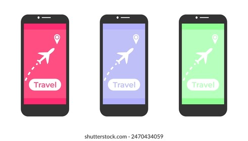 Phone set with airplane and travel button on different colors screen