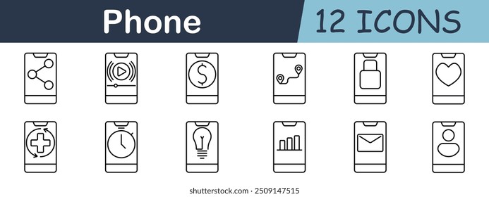 Ícone do conjunto de telefones. App, share, video, money, map, heart, clock, light, email, settings, connection, navigation, communication, message, interface, touchscreen, mobile, network, smartphone