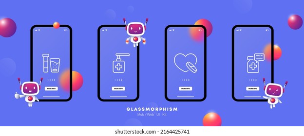 Phone set icon. Call, handset, 24 on 7, navigation, mail, correspondence, sms, alarm clock, missed. Phone future concept. Glassmorphism style. Vector line icon for Business and Advertising