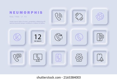 Phone set icon. Call, handset, 24 on 7, navigation, connection, correspondence, sms, alarm clock, missed. Contact us concept. Neomorphism style. Vector line icon for Business and Advertising