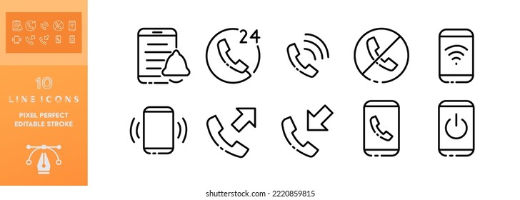 Icono de juego de teléfono. Llamada, teléfono, 24 7, navegación, correo, correspondencia, sms, reloj despertador, perdido. Concepto de futuro telefónico. Icono de conjunto modificable del vector en fondo blanco