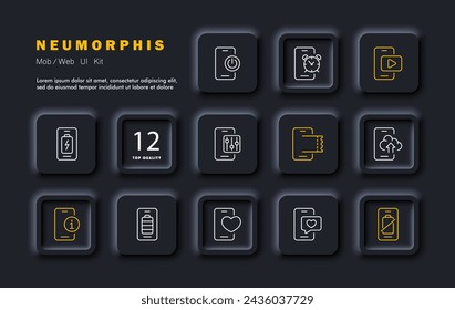 Phone set icon. Charging, information, cloud, settings, video, tickets, health, battery, alarm clock, chatting. All in one device concept. Neomorphism style. Vector line icon