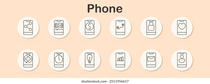 Icono de conjunto de teléfono. Pago móvil, transmisión de medios, mensajería, monitoreo de salud, navegación, conectividad, interfaz digital, dispositivo inteligente, comunicación, transacciones financieras, tecnología