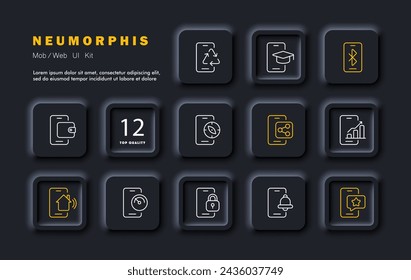 Phone set icon. NFC, smart home, share icon, investment, blocking, speed, chatting, training, notification, recycling. The concept is everything is in the phone. Neomorphism style. Vector line icon