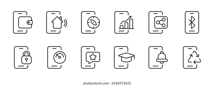 Phone set icon. NFC, smart home, share icon, investment, blocking, speed, chatting, training, notification, recycling. The concept is everything is in the phone. Vector line icon on white background.