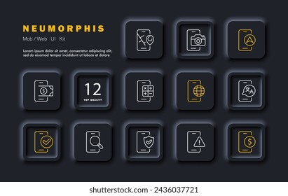 Phone set icon. Payment, calculator, translator, Internet navigation, search, photos, maps in your phone. Make money using your mobile phone. All in one concept. Neomorphism style. Vector line icon