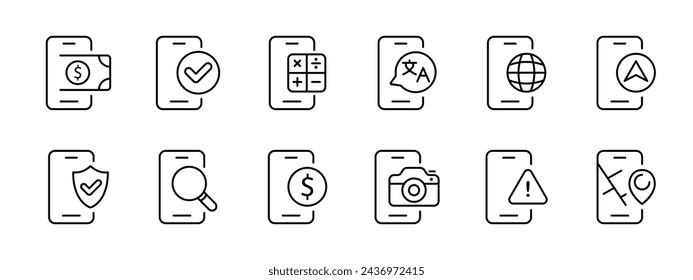 Phone set icon. Payment, calculator, translator, Internet navigation, search, photos, maps in your phone. Make money using your mobile phone. All in one device concept. Vector line icon,