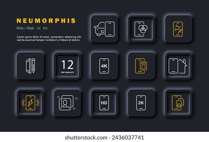 Phone set icon. Phone and pencil, charger, smart home, memory card, SIM card, face recognition. 2k, 4k and HD resolutions, broken screen, color palette. Neomorphism style. Vector line icon