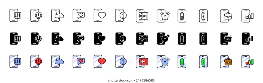 Symbole für Telefonapparate. Symbole für Telefonfunktionen. Lineare, Silhouetten und flache Stile. Vektorsymbole.
