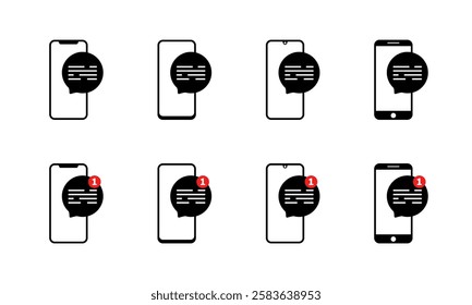 Phone set icons. Message bubble. Linear and silhouette style. Vector icons.