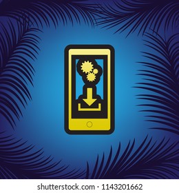 Phone settings. Download and install apps. Vector. Golden icon with black contour at blue background with branches of palm trees.